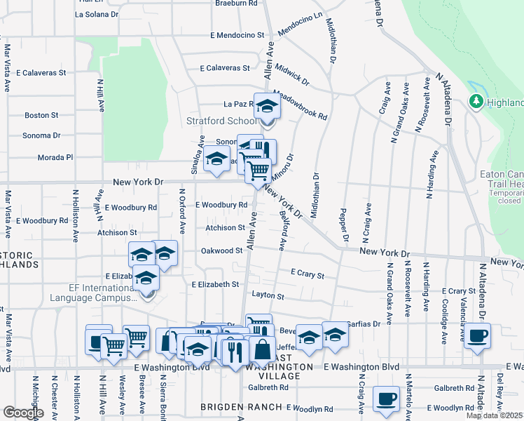map of restaurants, bars, coffee shops, grocery stores, and more near 1802 Allen Avenue in Pasadena