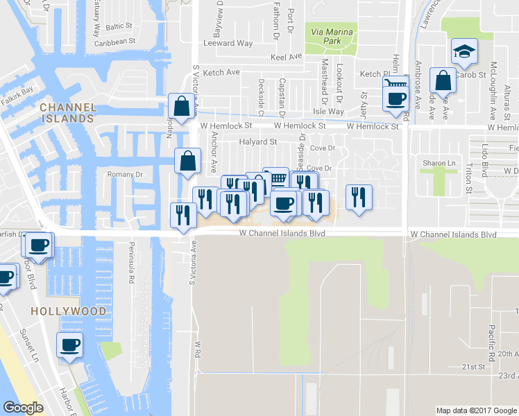 map of restaurants, bars, coffee shops, grocery stores, and more near 2504 Baybridge Court in Port Hueneme