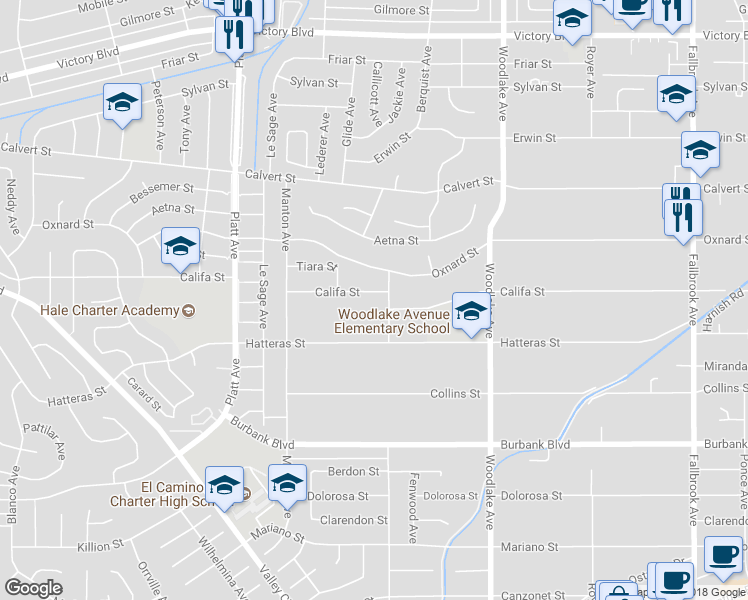 map of restaurants, bars, coffee shops, grocery stores, and more near 23416 Califa Street in Los Angeles