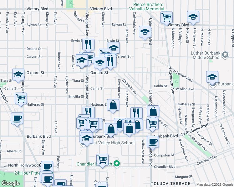 map of restaurants, bars, coffee shops, grocery stores, and more near 5845 Riverton Avenue in Los Angeles