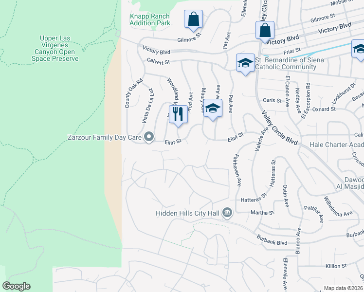 map of restaurants, bars, coffee shops, grocery stores, and more near 24674 Eilat Street in Los Angeles