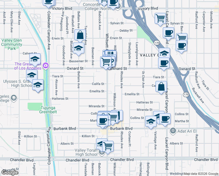map of restaurants, bars, coffee shops, grocery stores, and more near 5846 Whitsett Avenue in Los Angeles