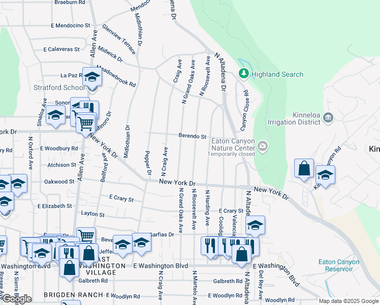 map of restaurants, bars, coffee shops, grocery stores, and more near 1826 North Roosevelt Avenue in Altadena