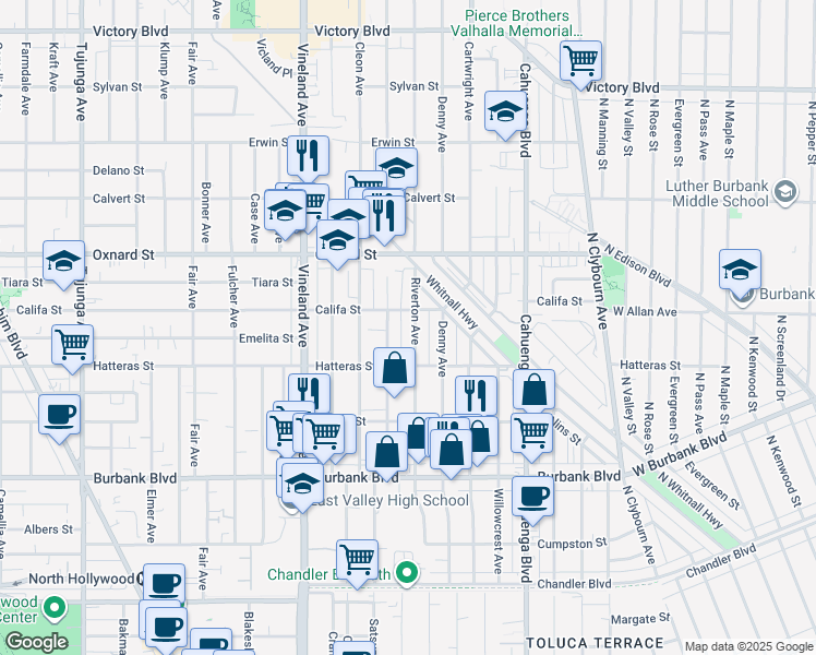 map of restaurants, bars, coffee shops, grocery stores, and more near 5845 Riverton Avenue in Los Angeles