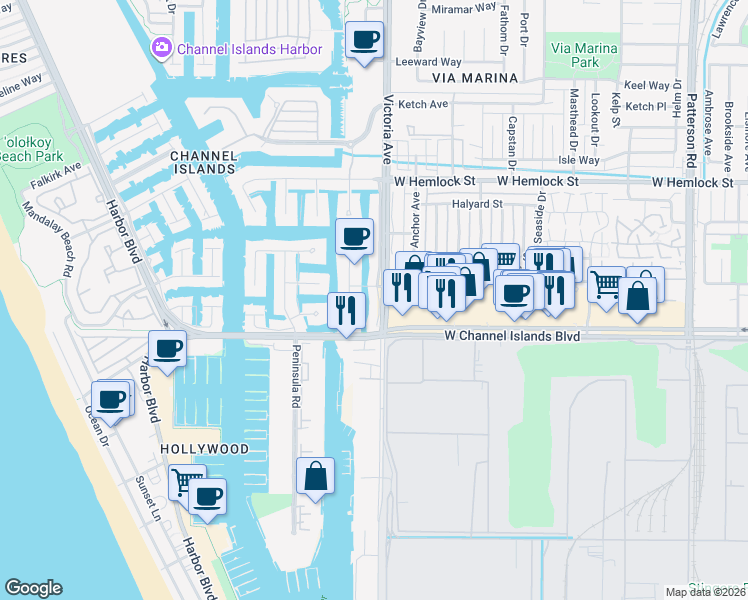map of restaurants, bars, coffee shops, grocery stores, and more near 2431 Victoria Avenue in Ventura