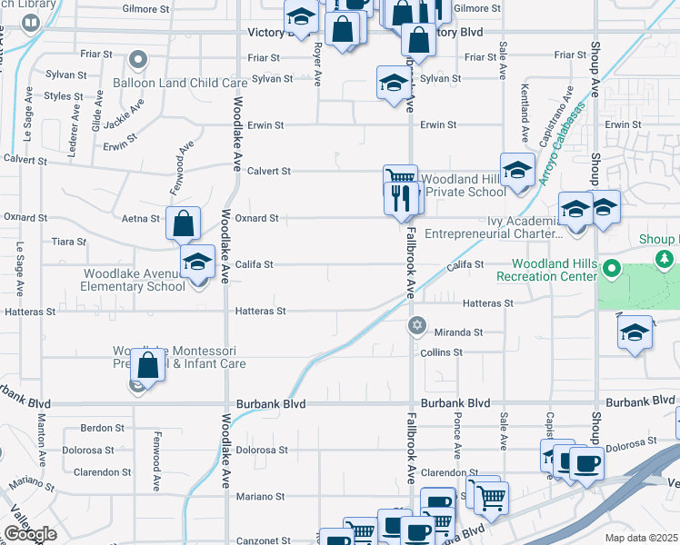 map of restaurants, bars, coffee shops, grocery stores, and more near 22911 Califa Street in Los Angeles