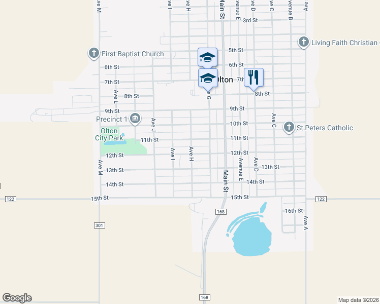 map of restaurants, bars, coffee shops, grocery stores, and more near 1100 Avenue H in Olton
