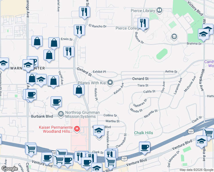 map of restaurants, bars, coffee shops, grocery stores, and more near 20809 Tiara Street in Los Angeles