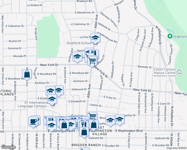 map of restaurants, bars, coffee shops, grocery stores, and more near 1802 Allen Avenue in Pasadena