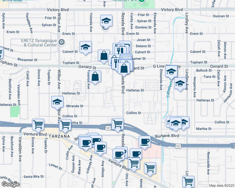 map of restaurants, bars, coffee shops, grocery stores, and more near 18530 Hatteras Street in Los Angeles