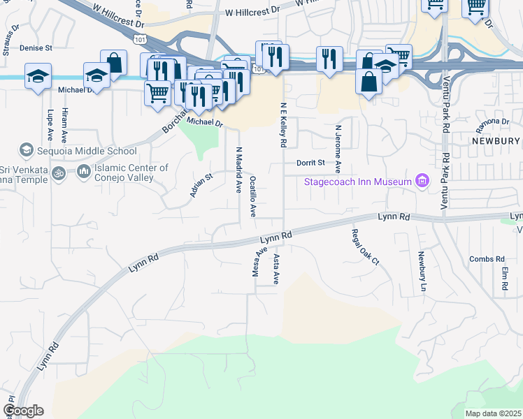 map of restaurants, bars, coffee shops, grocery stores, and more near 65 South Ocatillo Avenue in Thousand Oaks