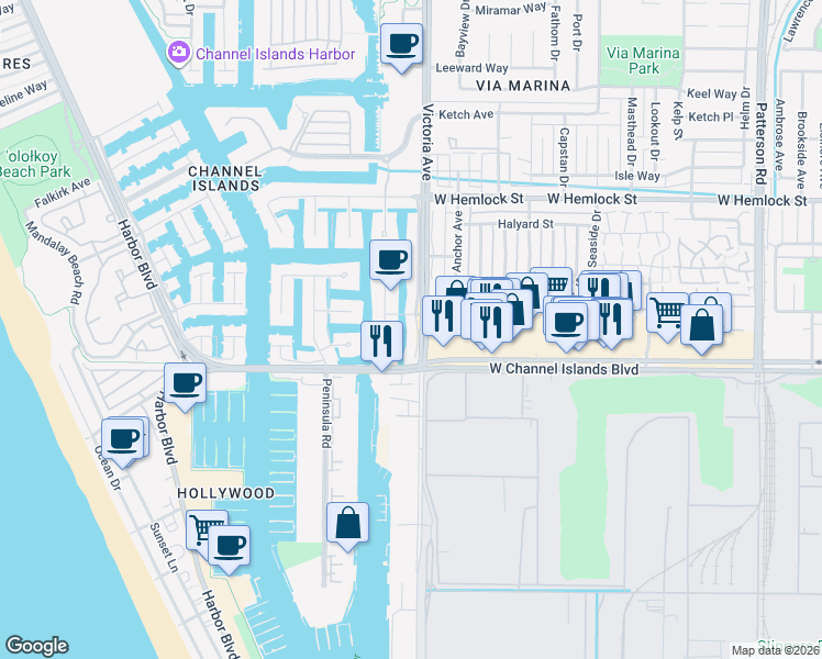 map of restaurants, bars, coffee shops, grocery stores, and more near 2431 Victoria Avenue in Ventura