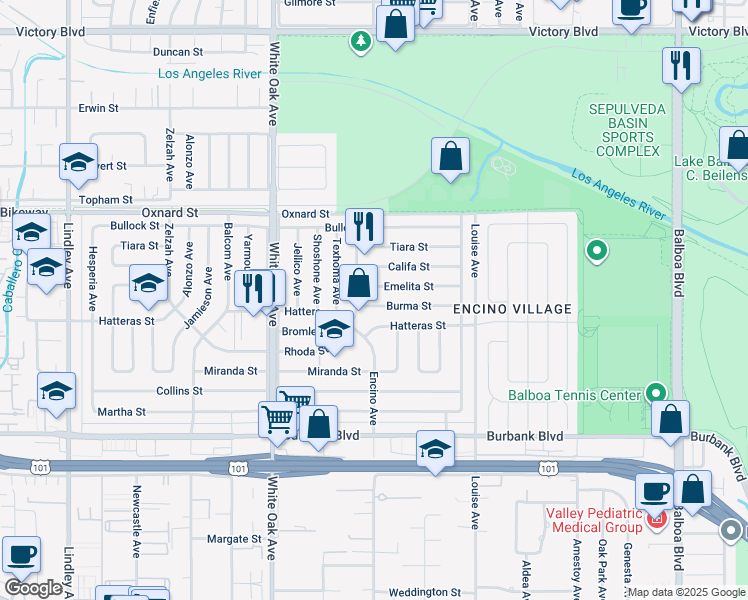 map of restaurants, bars, coffee shops, grocery stores, and more near 17469 Burma Street in Los Angeles