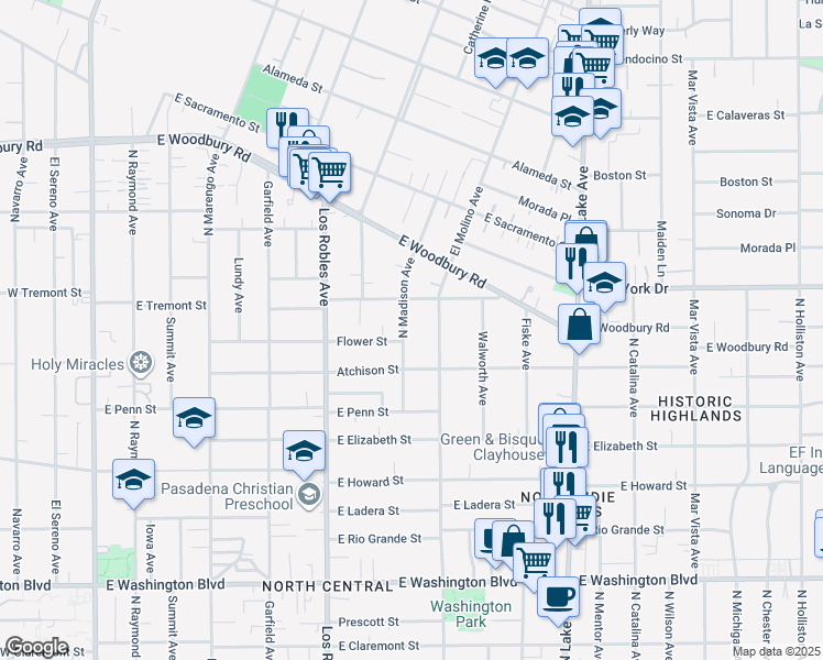 map of restaurants, bars, coffee shops, grocery stores, and more near 1846 North Madison Avenue in Pasadena