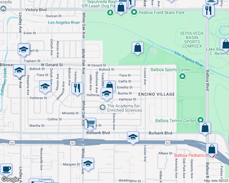 map of restaurants, bars, coffee shops, grocery stores, and more near 17469 Burma Street in Los Angeles