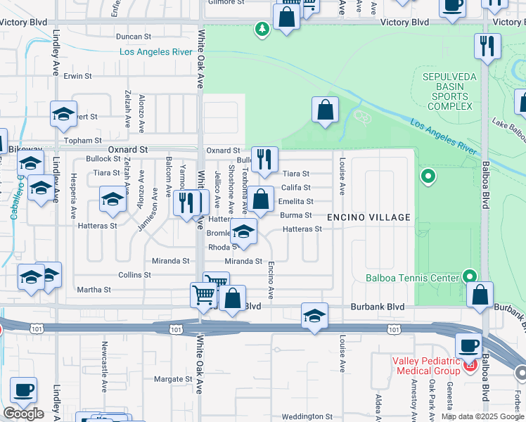 map of restaurants, bars, coffee shops, grocery stores, and more near 5877 Encino Avenue in Los Angeles