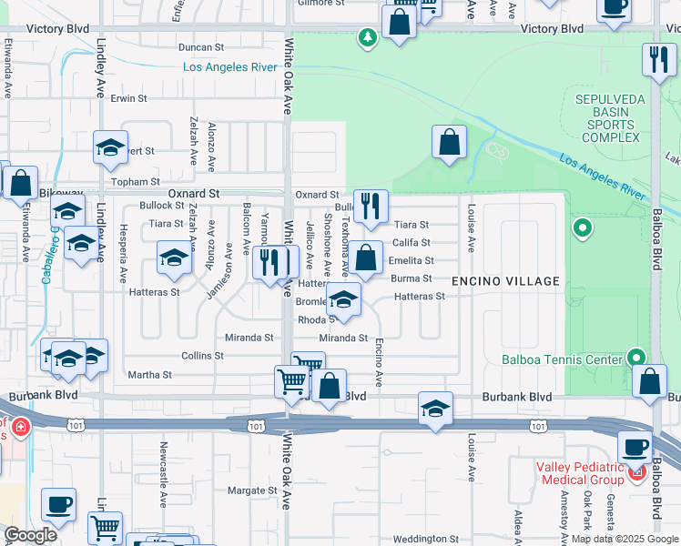 map of restaurants, bars, coffee shops, grocery stores, and more near 5847 Texhoma Avenue in Los Angeles