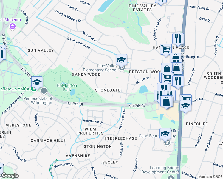 map of restaurants, bars, coffee shops, grocery stores, and more near 664 Fairlie Court in Wilmington