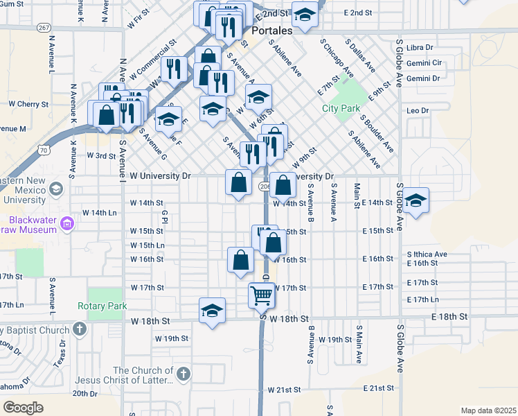 map of restaurants, bars, coffee shops, grocery stores, and more near 1400 South Avenue D in Portales