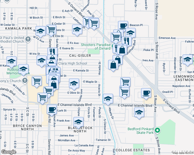 map of restaurants, bars, coffee shops, grocery stores, and more near 644 East Laurel Street in Oxnard