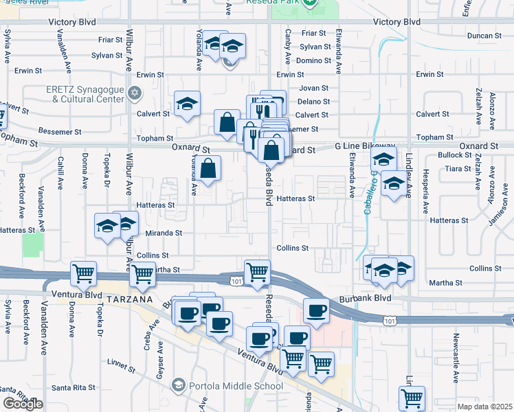 map of restaurants, bars, coffee shops, grocery stores, and more near 18530 Hatteras Street in Los Angeles