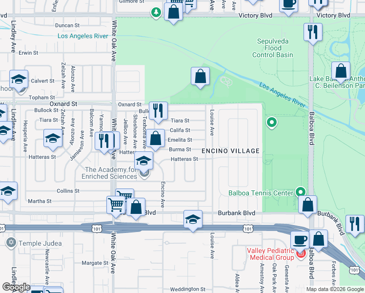 map of restaurants, bars, coffee shops, grocery stores, and more near 17400 Emelita Street in Los Angeles