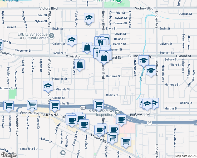 map of restaurants, bars, coffee shops, grocery stores, and more near 18530 Hatteras Street in Los Angeles