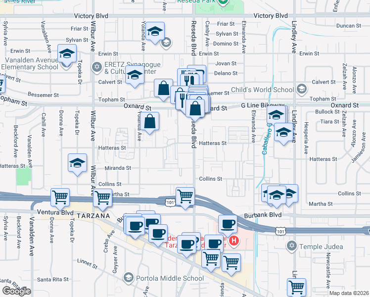 map of restaurants, bars, coffee shops, grocery stores, and more near 18550 Hatteras Street in Los Angeles