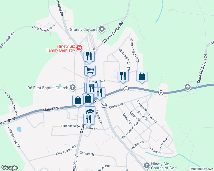map of restaurants, bars, coffee shops, grocery stores, and more near 101-103 State Road S-24-675 in Ninety Six