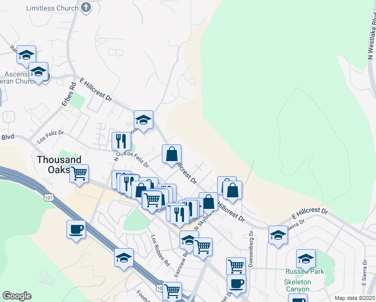 map of restaurants, bars, coffee shops, grocery stores, and more near 2485 East Hillcrest Drive in Thousand Oaks