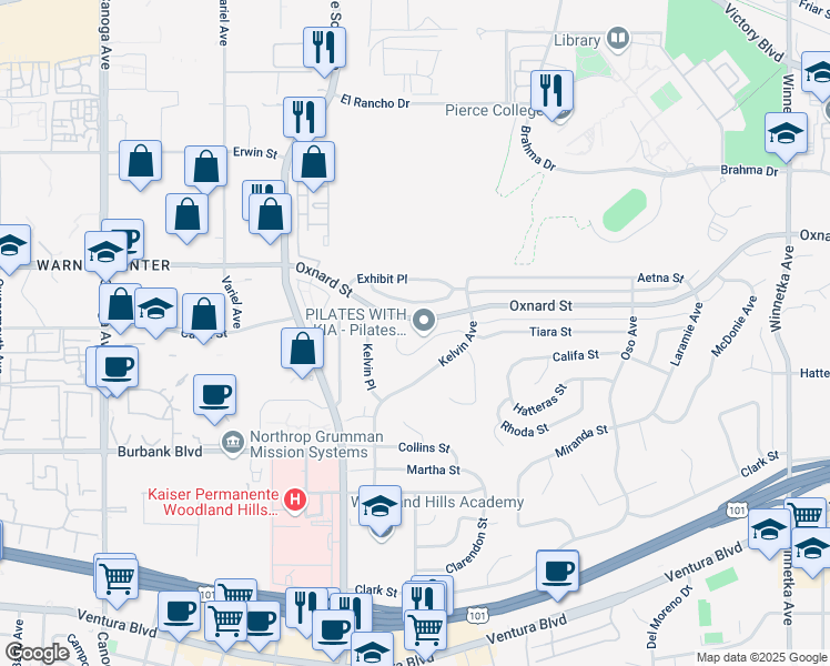 map of restaurants, bars, coffee shops, grocery stores, and more near 20811 Tiara Street in Los Angeles