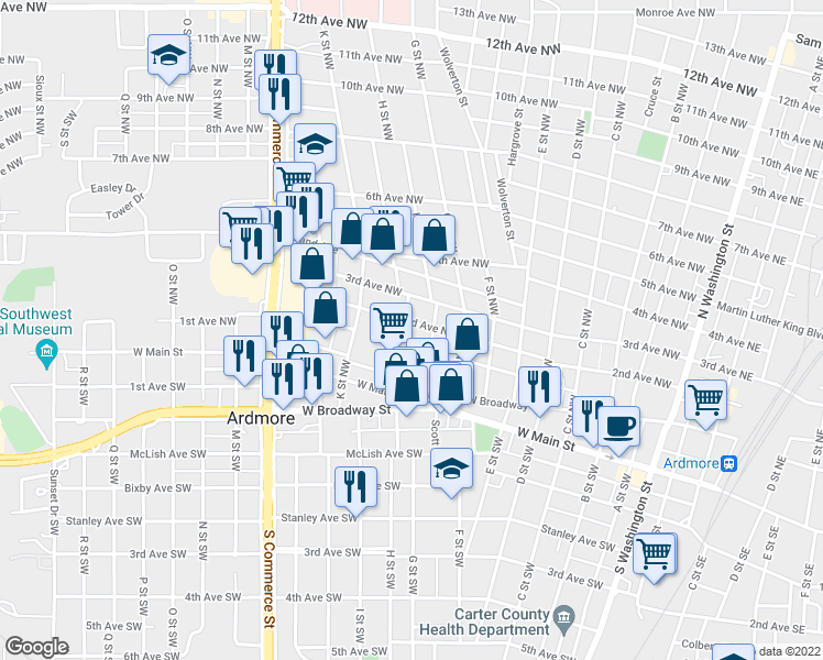 map of restaurants, bars, coffee shops, grocery stores, and more near 908 2nd Avenue Northwest in Ardmore