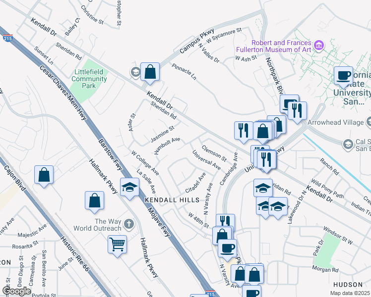 map of restaurants, bars, coffee shops, grocery stores, and more near 5265 Revere Avenue in San Bernardino