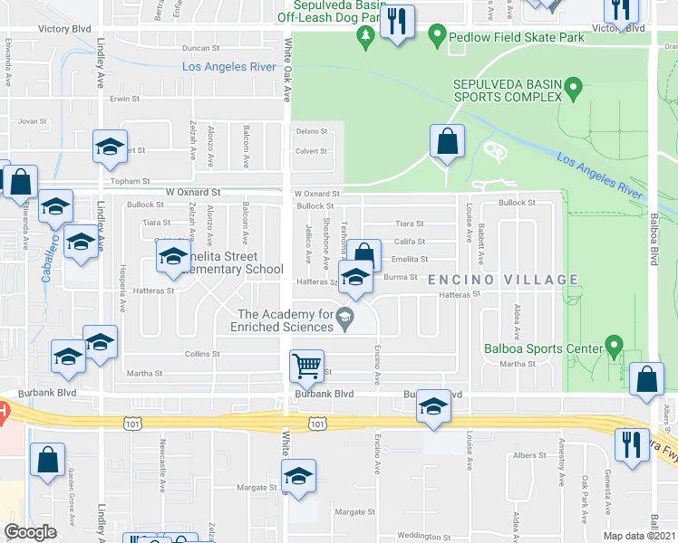 map of restaurants, bars, coffee shops, grocery stores, and more near 5847 Texhoma Avenue in Los Angeles
