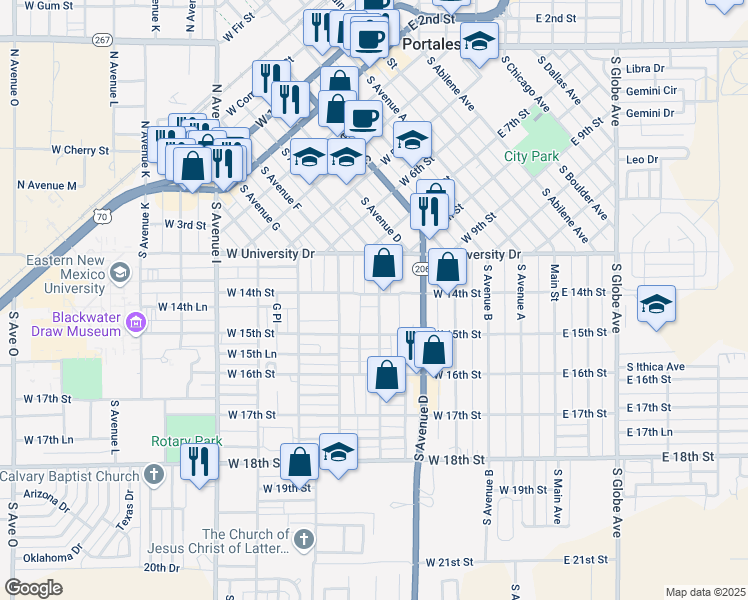 map of restaurants, bars, coffee shops, grocery stores, and more near 1417 South Avenue G Place in Portales