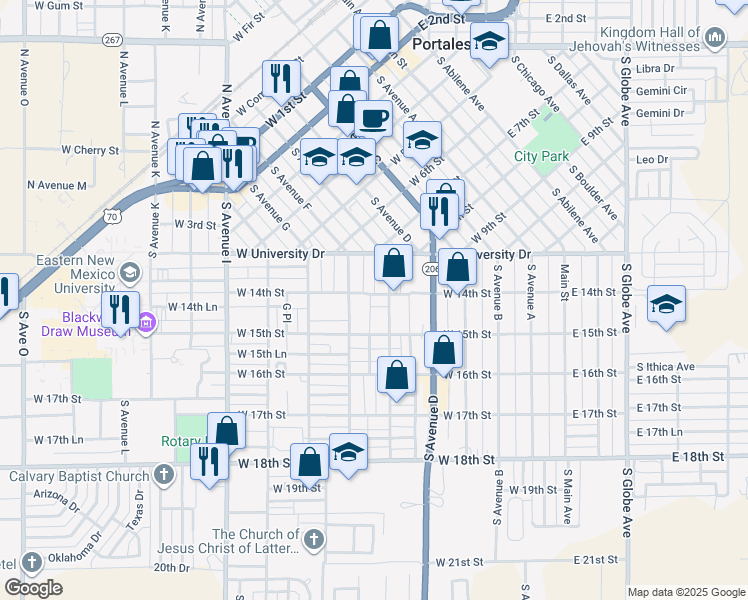map of restaurants, bars, coffee shops, grocery stores, and more near 1335 South Avenue F in Portales
