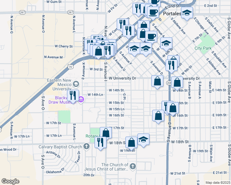 map of restaurants, bars, coffee shops, grocery stores, and more near 830 West 14th Street in Portales