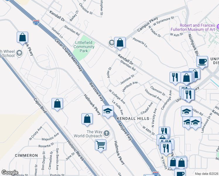 map of restaurants, bars, coffee shops, grocery stores, and more near 5394 Aster Street in San Bernardino