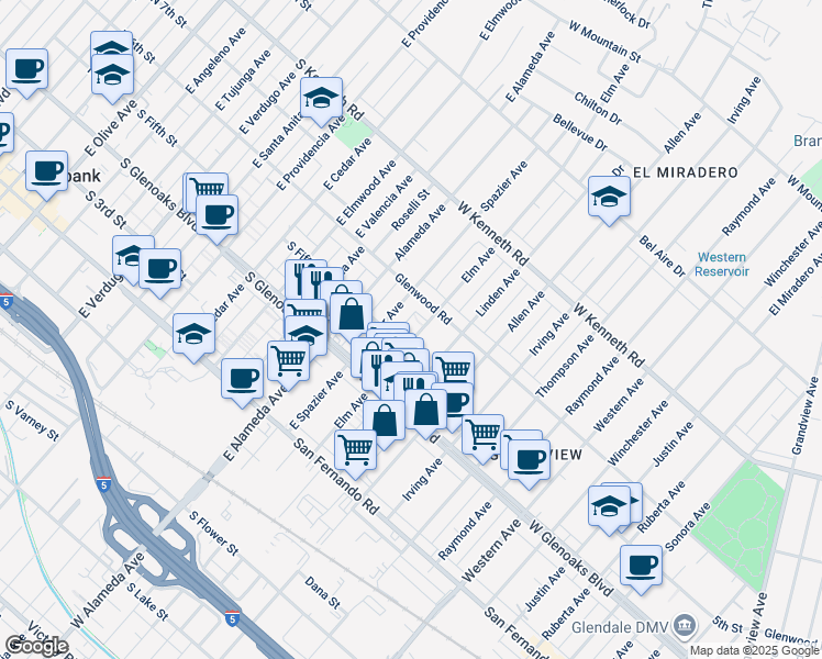 map of restaurants, bars, coffee shops, grocery stores, and more near 1147 Elm Avenue in Glendale