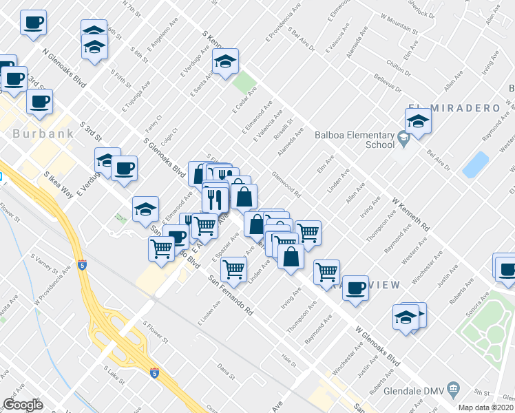 map of restaurants, bars, coffee shops, grocery stores, and more near 2050 5th Street in Glendale