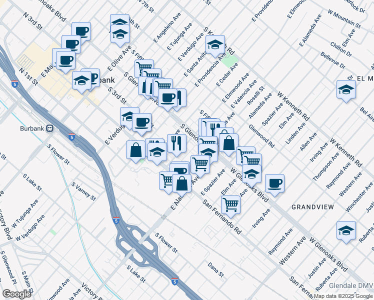 map of restaurants, bars, coffee shops, grocery stores, and more near 303 East Elmwood Avenue in Burbank
