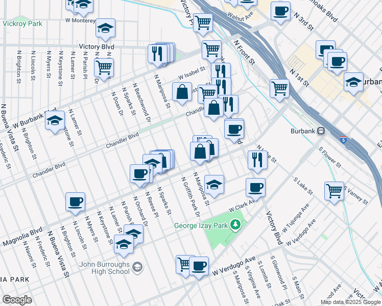 map of restaurants, bars, coffee shops, grocery stores, and more near 538 North Mariposa Street in Burbank