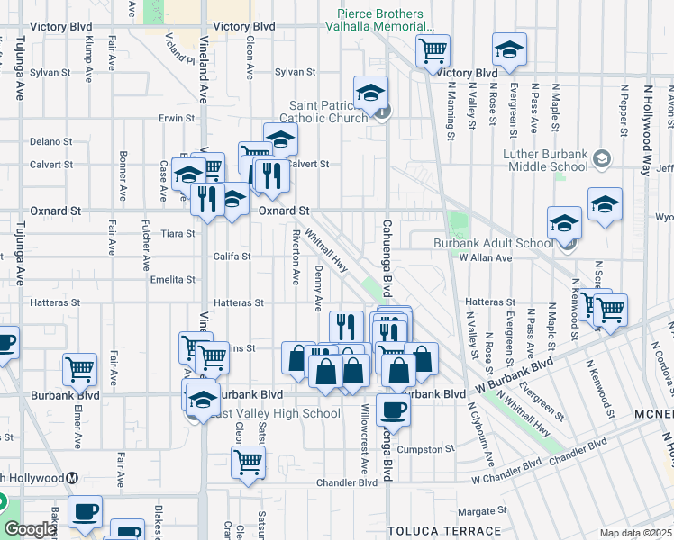 map of restaurants, bars, coffee shops, grocery stores, and more near 5863 Whitnall Highway in Los Angeles
