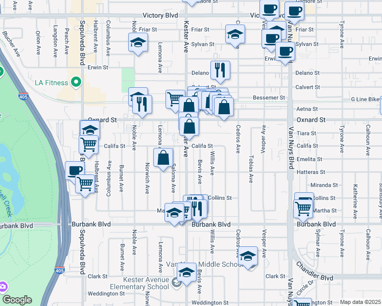 map of restaurants, bars, coffee shops, grocery stores, and more near 5857 Bevis Avenue in Los Angeles
