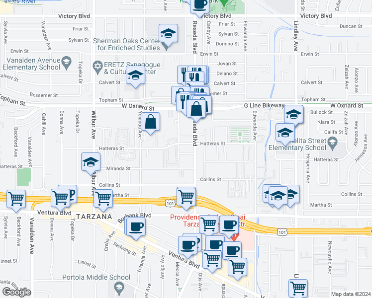 map of restaurants, bars, coffee shops, grocery stores, and more near 18550 Hatteras Street in Los Angeles