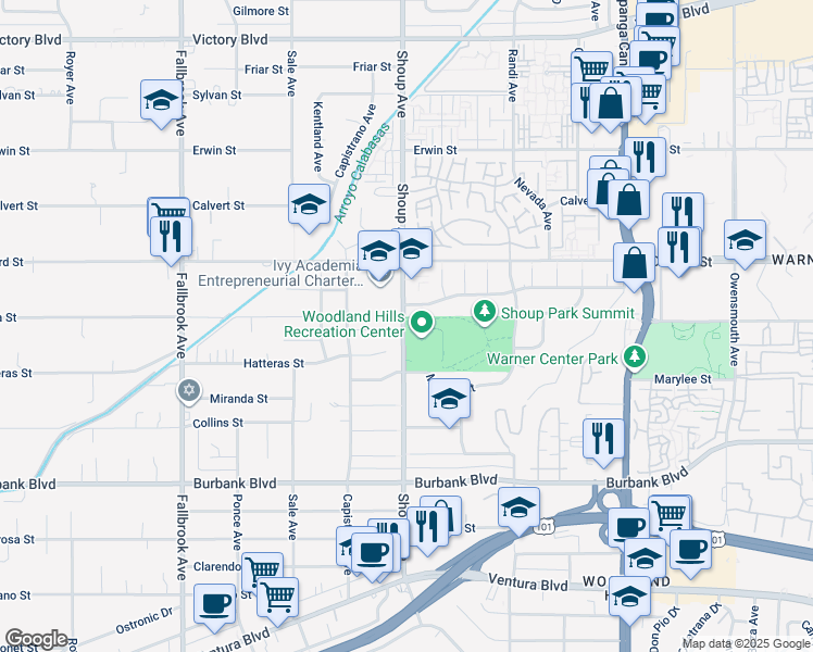 map of restaurants, bars, coffee shops, grocery stores, and more near 22348 Tiara Street in Los Angeles