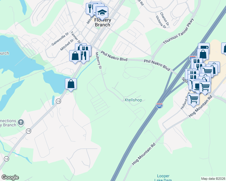 map of restaurants, bars, coffee shops, grocery stores, and more near 5714 Bridgeport Court in Flowery Branch