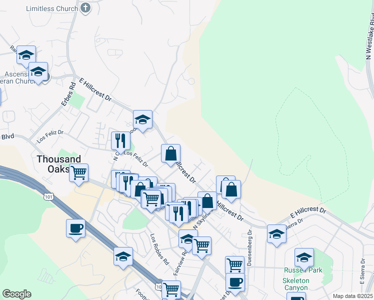 map of restaurants, bars, coffee shops, grocery stores, and more near 2485 East Hillcrest Drive in Thousand Oaks