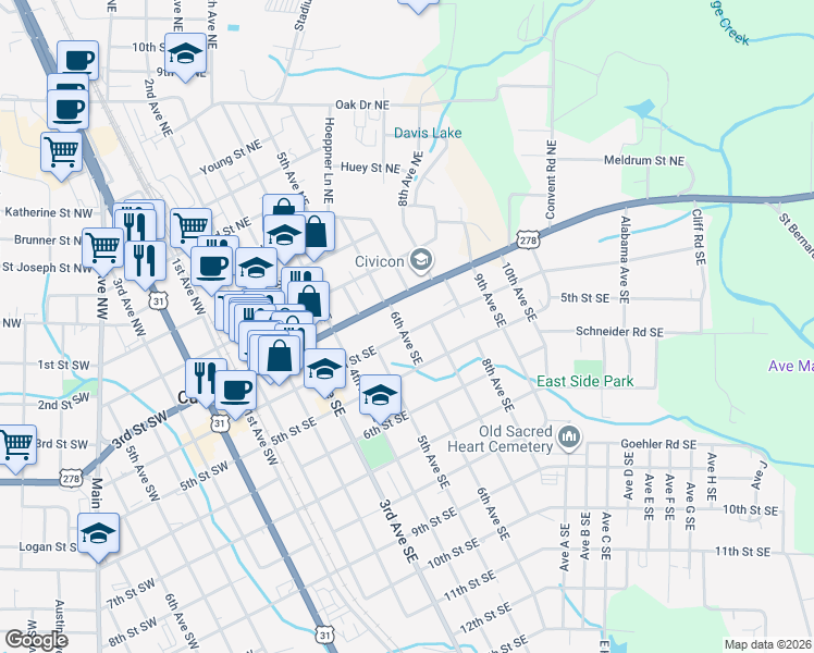 map of restaurants, bars, coffee shops, grocery stores, and more near 305 6th Avenue Southeast in Cullman
