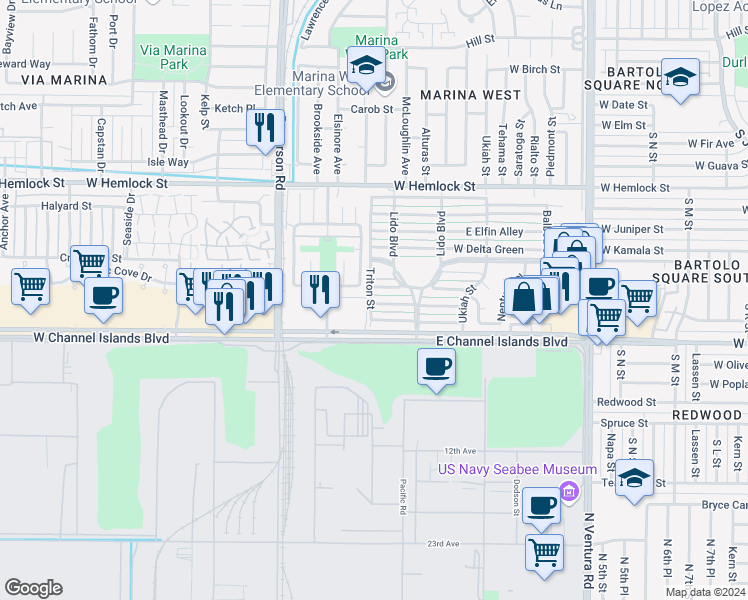 map of restaurants, bars, coffee shops, grocery stores, and more near 180 West Bowling Green in Port Hueneme